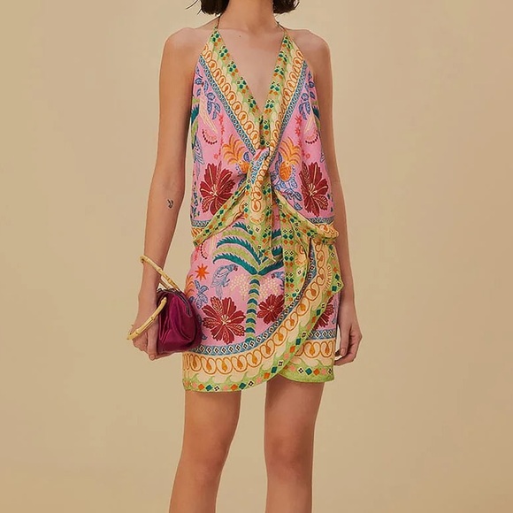 FARM Rio Pink Multicolor Halter Scarf Tie-Front Blouse NWT - Picture 3 of 5